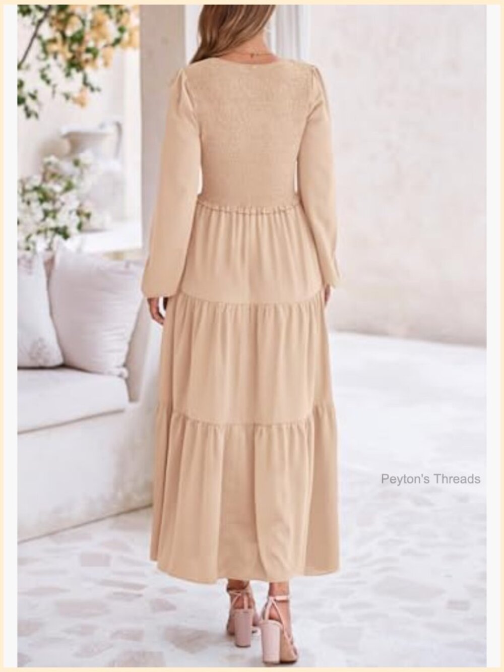 Fall Long Sleeve V Neck Smocked A Line Maxi Dress Wedding Guest - Picture 2 of 7
